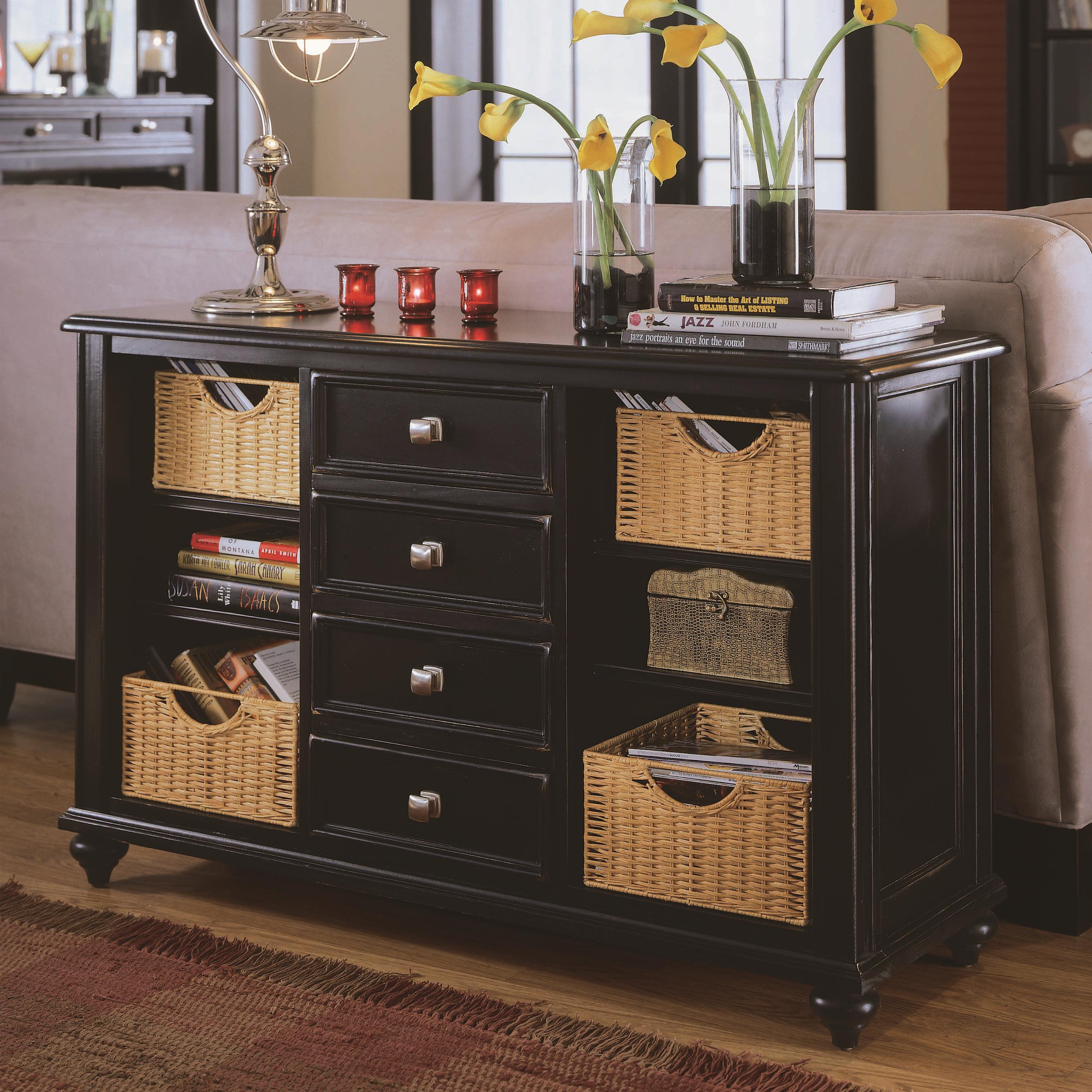 American Drew Camden Dark Console Table with 4 Drawers and 4 Baskets